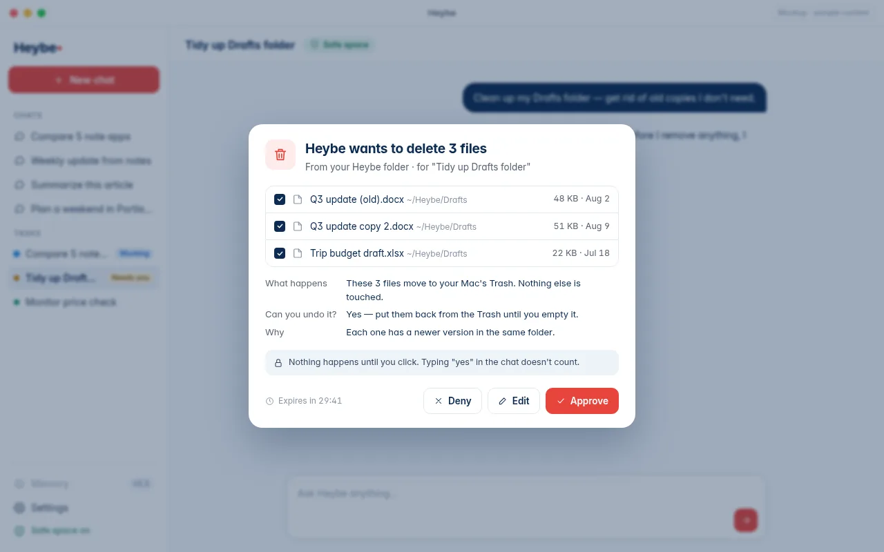 Heybe approval dialog: the AI agent asks before deleting files, with Deny, Edit and Approve buttons