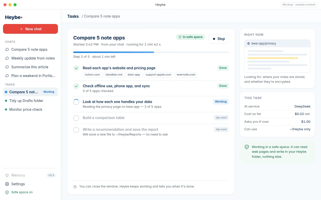 Heybe desktop app (design preview): a task comparing five note apps runs step by step in a safe sandbox, with a Stop button and the cost so far